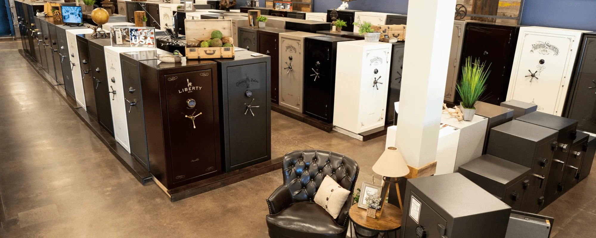Independent safe dealer showroom filled with gun safes